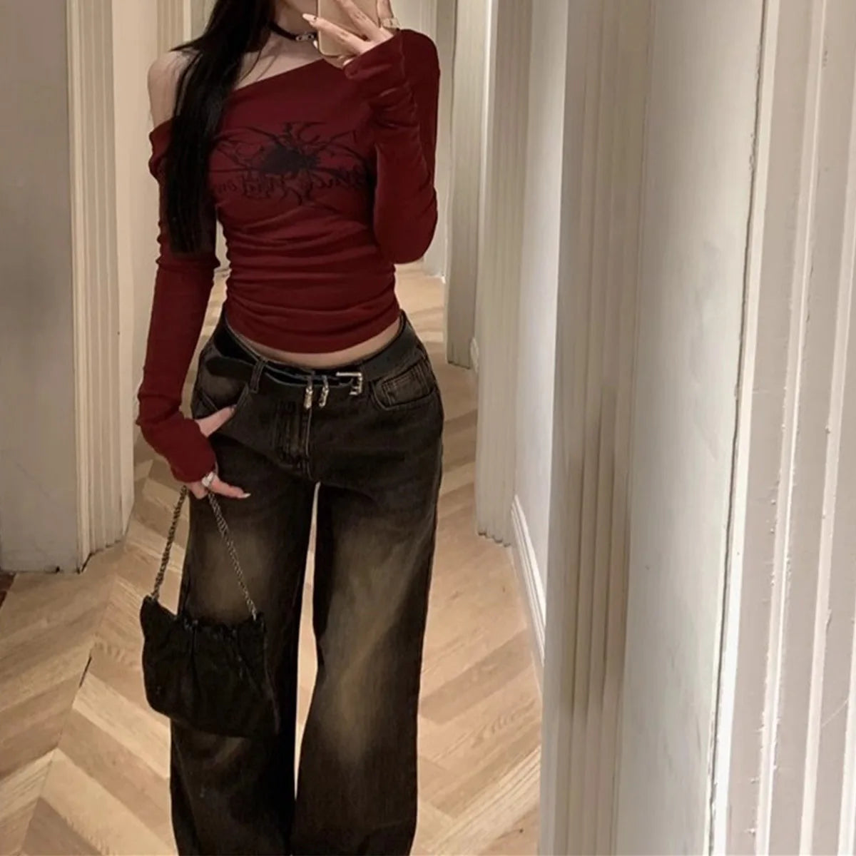 Women's Y2K Gothic Grunge Off-Shoulder Long Sleeve Crop Top – Vintage Korean Streetwear Printed T-Shirt