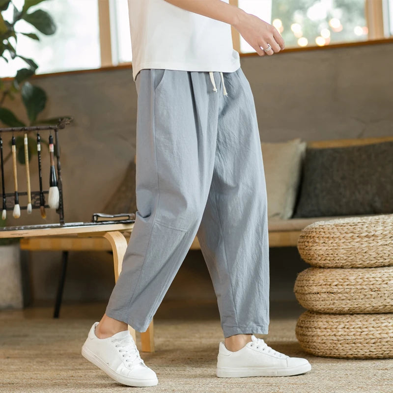 Men's Casual Cotton-Linen Pants – Breathable Loose-Fit Straight-Leg Drawstring Trousers in Solid Colors, Stylish Summer Streetwear