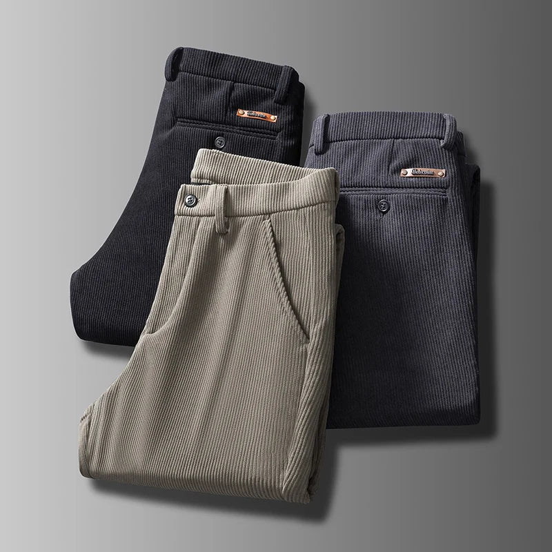 2024 New Men’s Winter Fleece-Lined Corduroy Pants – Slim Fit, Stretchy, Thickened Casual & Business Trousers in Gray & Khaki