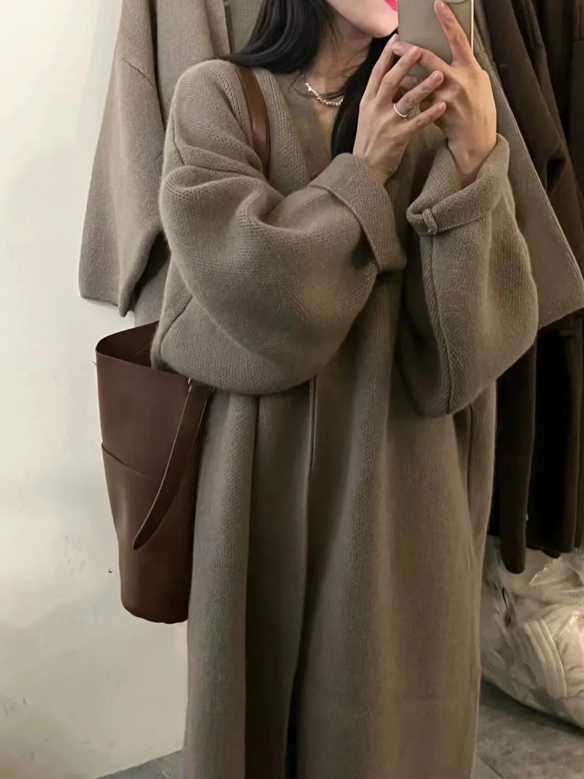 2024 Women's V-Neck Knit Cardigan – Long Sleeve Open Front Sweater, Loose Fit Solid Color Winter Outerwear