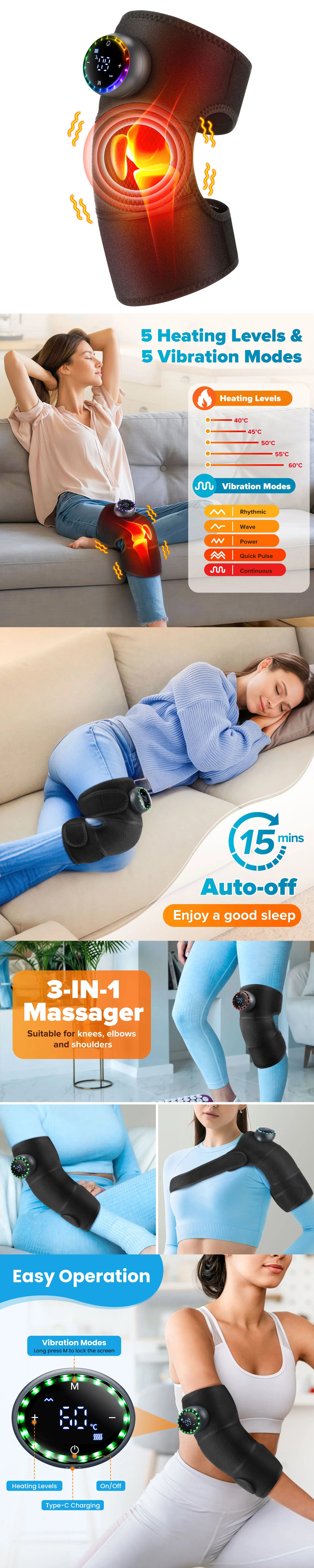 3-in-1 Electric Heated Knee Massager Pad with Vibration – Hot Compress for Shoulder, Elbow & Joint Muscle Relief