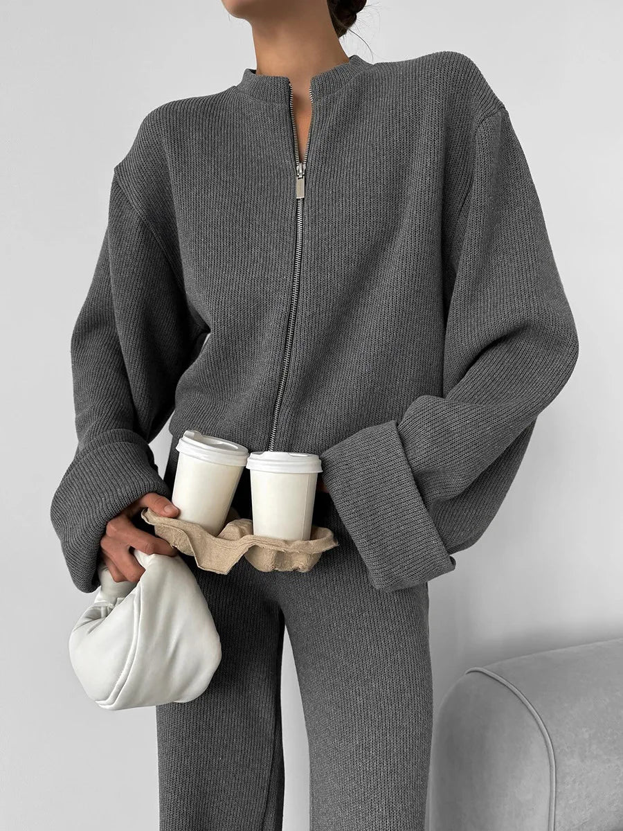 Tornova Women's Elegant Knit Two-Piece Set – Zipper Jacket & Wide-Leg Pants Casual Outfit