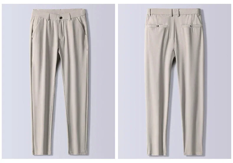 Men's Summer Lightweight Stretch Suit Pants – Slim Fit Korean Style Business Casual Trousers with Elastic Waist