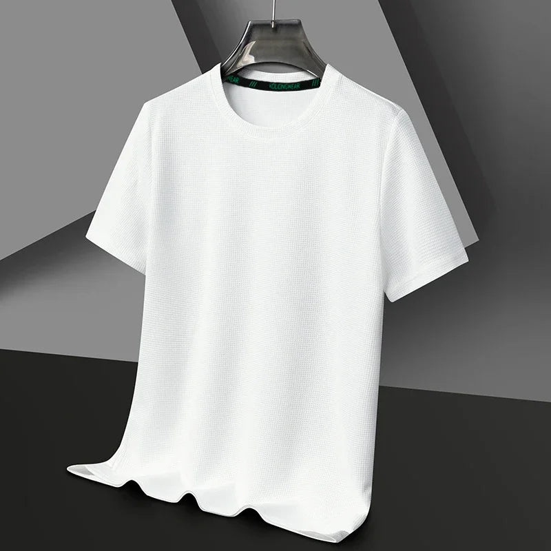 Men’s Summer Casual Waffle O-Neck Short Sleeve T-Shirt – Breathable Solid Color Fashion Tee