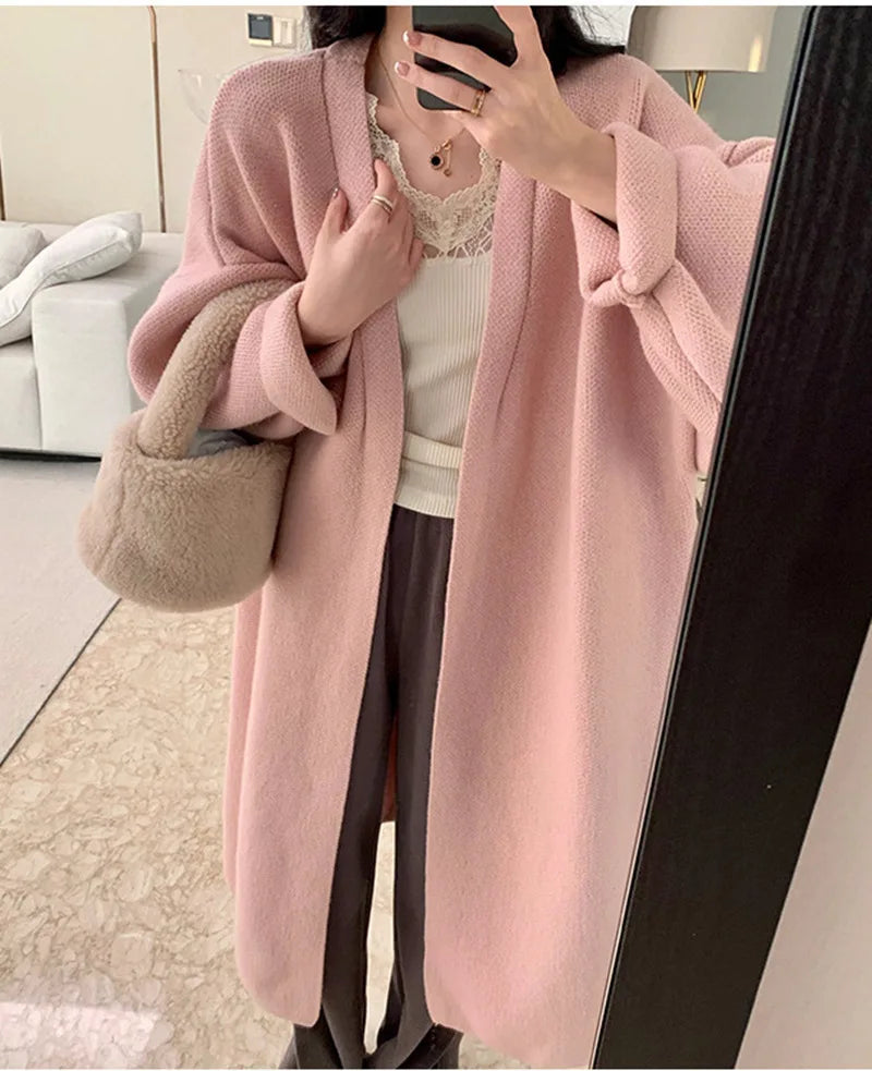 2024 Women's V-Neck Knit Cardigan – Long Sleeve Open Front Sweater, Loose Fit Solid Color Winter Outerwear