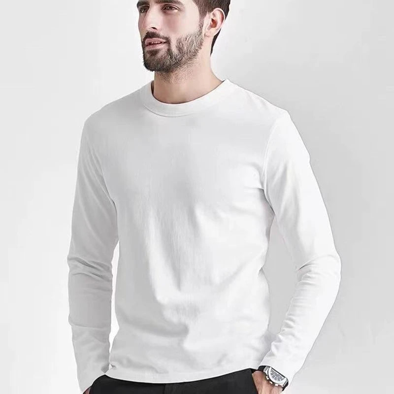 Men's Summer Long Sleeve T-shirt – Solid Color, Round Neck, Casual Style, Made from Mercerized Cotton