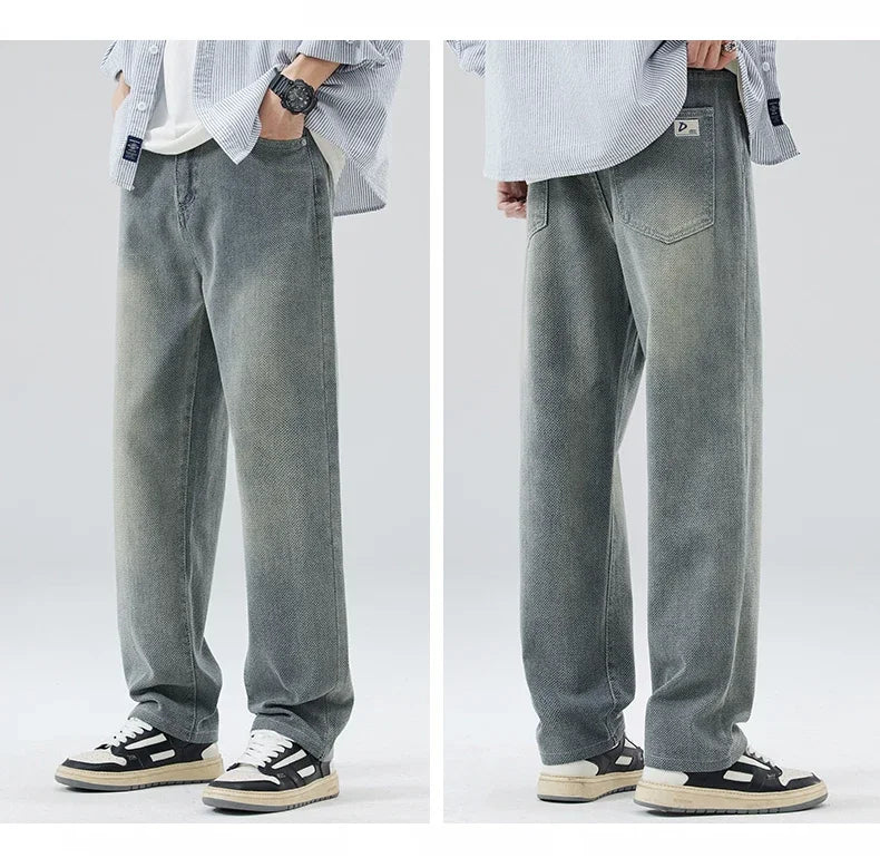 Vintage Men’s Baggy Jeans – Korean Style Starry Sky Fabric, Straight Fit Casual Denim Trousers, High Street Personalized Pants