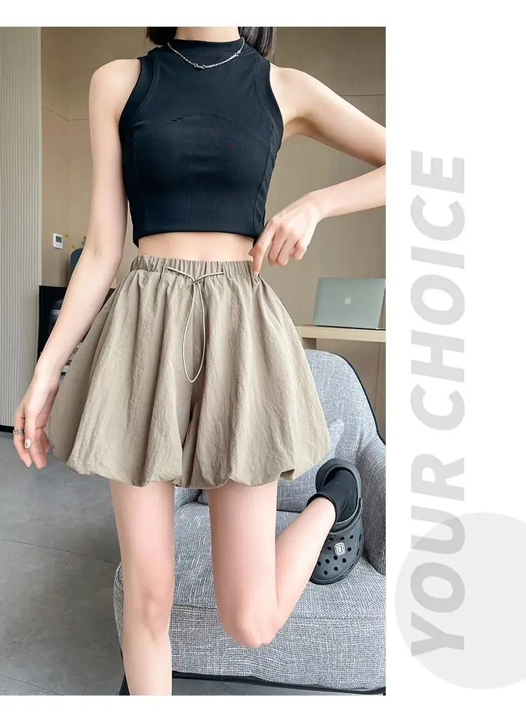 Women's High-Waist Lantern Shorts – Casual Summer Streetwear with Pockets, Relaxed Fit for Students, Youth, and Everyday Wear