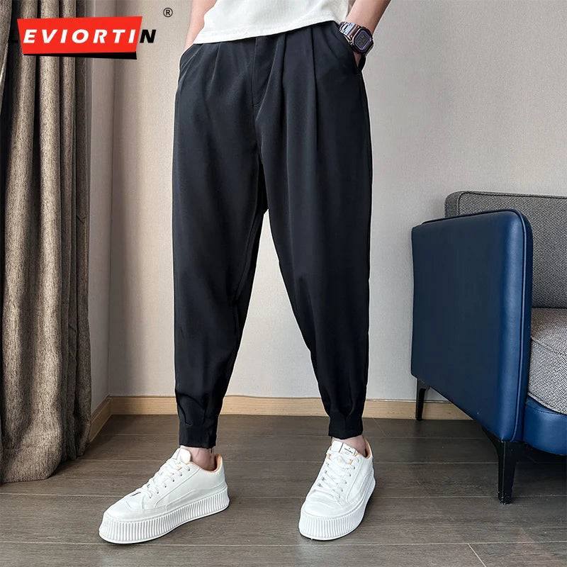 Men’s Spring & Summer Casual Solid Color Ice Silk Trousers — Korean Style Slim Ankle Pants with Zipper Detail, Smooth & Lightweight for a Handsome Look
