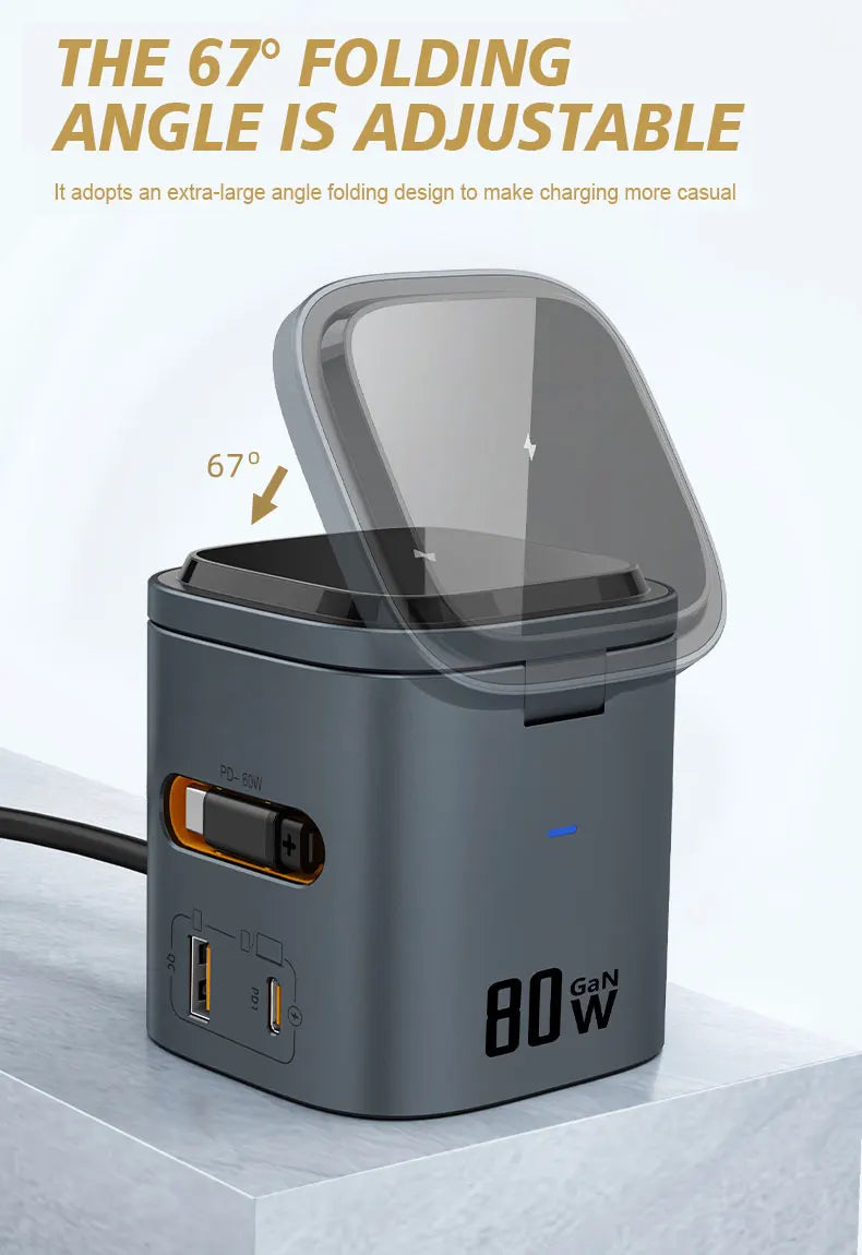 80W 6-in-1 GaN Fast Charger with Wireless Magnetic Adapter – Universal Multifunction Laptop Charging Hub (100-240V, 50/60Hz)