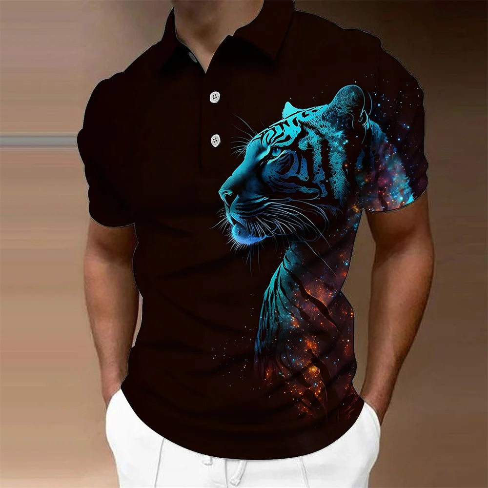 Men’s Polo Shirt with 3D Wolf & Eagle Print – High-Quality Summer Casual Loose Fit Short Sleeve Tee