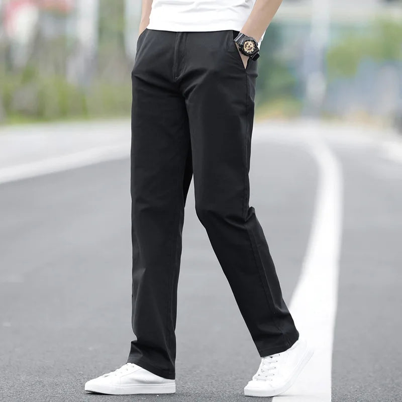 Men's Summer Lightweight Stretch Chino Pants – Loose Fit Cotton Trousers in Khaki, Blue, and Black – Plus Sizes 42 & 44