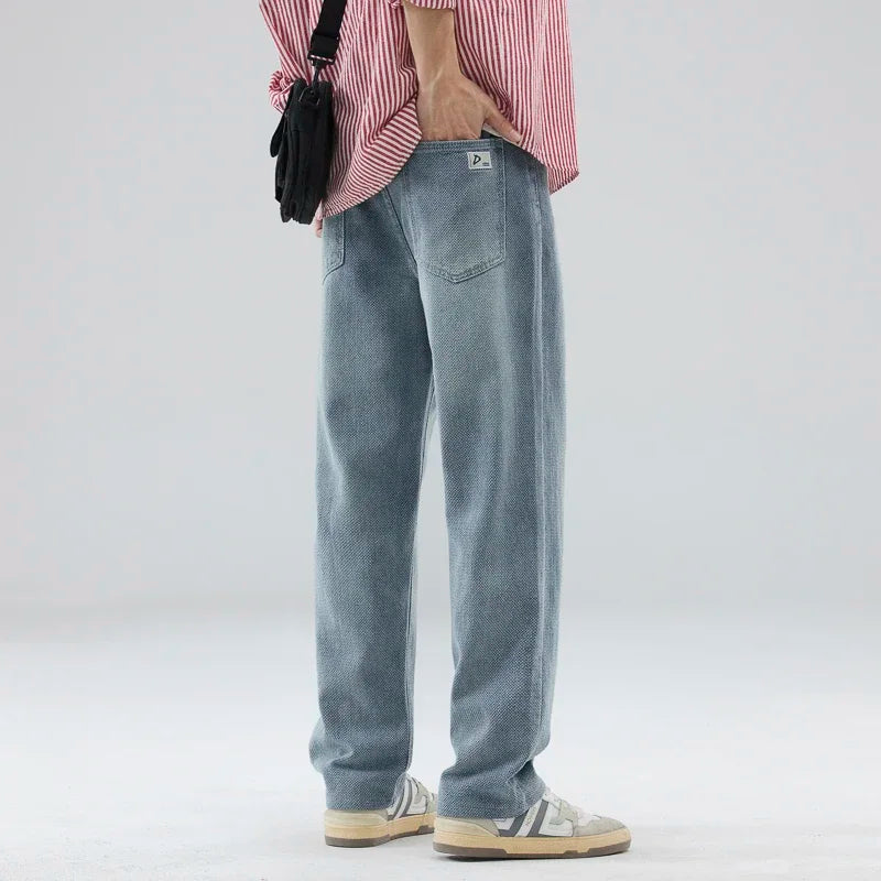 Vintage Men’s Baggy Jeans – Korean Style Starry Sky Fabric, Straight Fit Casual Denim Trousers, High Street Personalized Pants