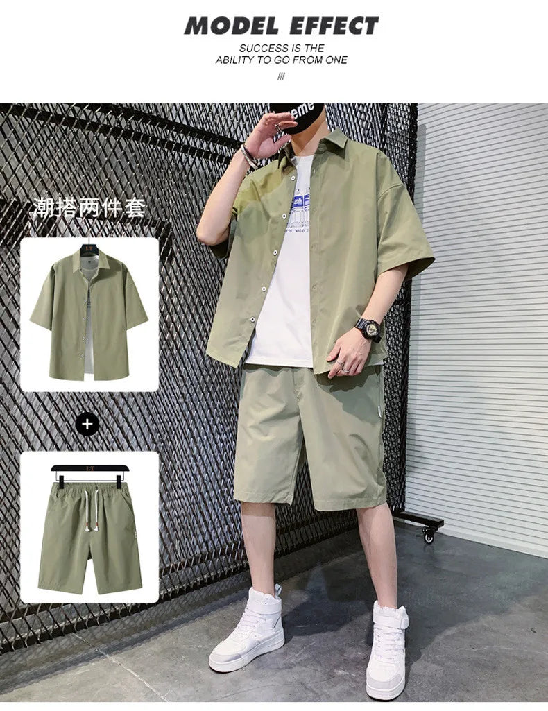 2025 Trendy Korean-Style Men's Summer Outfit – Casual Two-Piece Set Featuring Short Sleeve Shirt & Matching Shorts, Stylish High Street Look for Daily & Streetwear Fashion