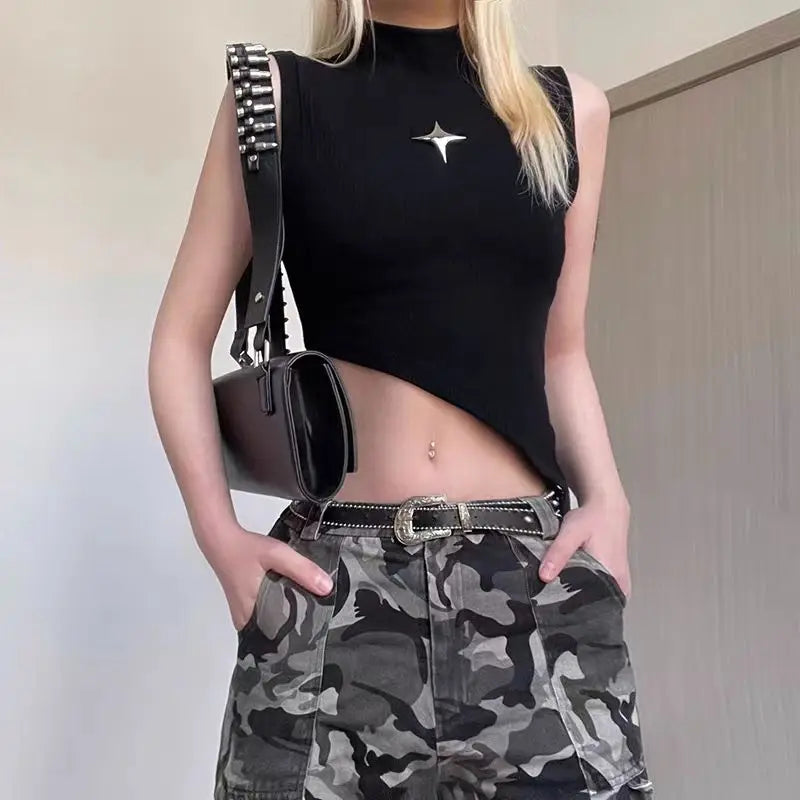 Y2K Style Women's Sleeveless Knit Crop Top – Stretchy Fitted Sweater Vest with High Neck and Asymmetrical Hem, 90s E-Girl Summer Fashion 