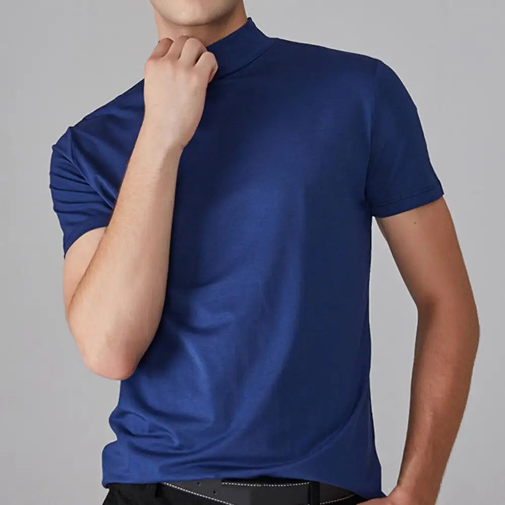 Slim Fit Men’s Half-Turtleneck T-Shirt – Casual Summer Short Sleeve, Solid Color, Elastic and Lightweight Pullover Tee
