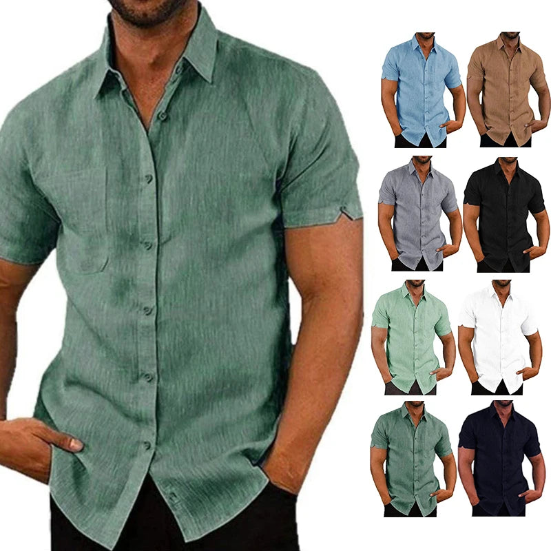 Men’s Summer Cotton Linen Short Sleeve Shirt – Casual & Formal Business Blouse, Lightweight Breathable Top