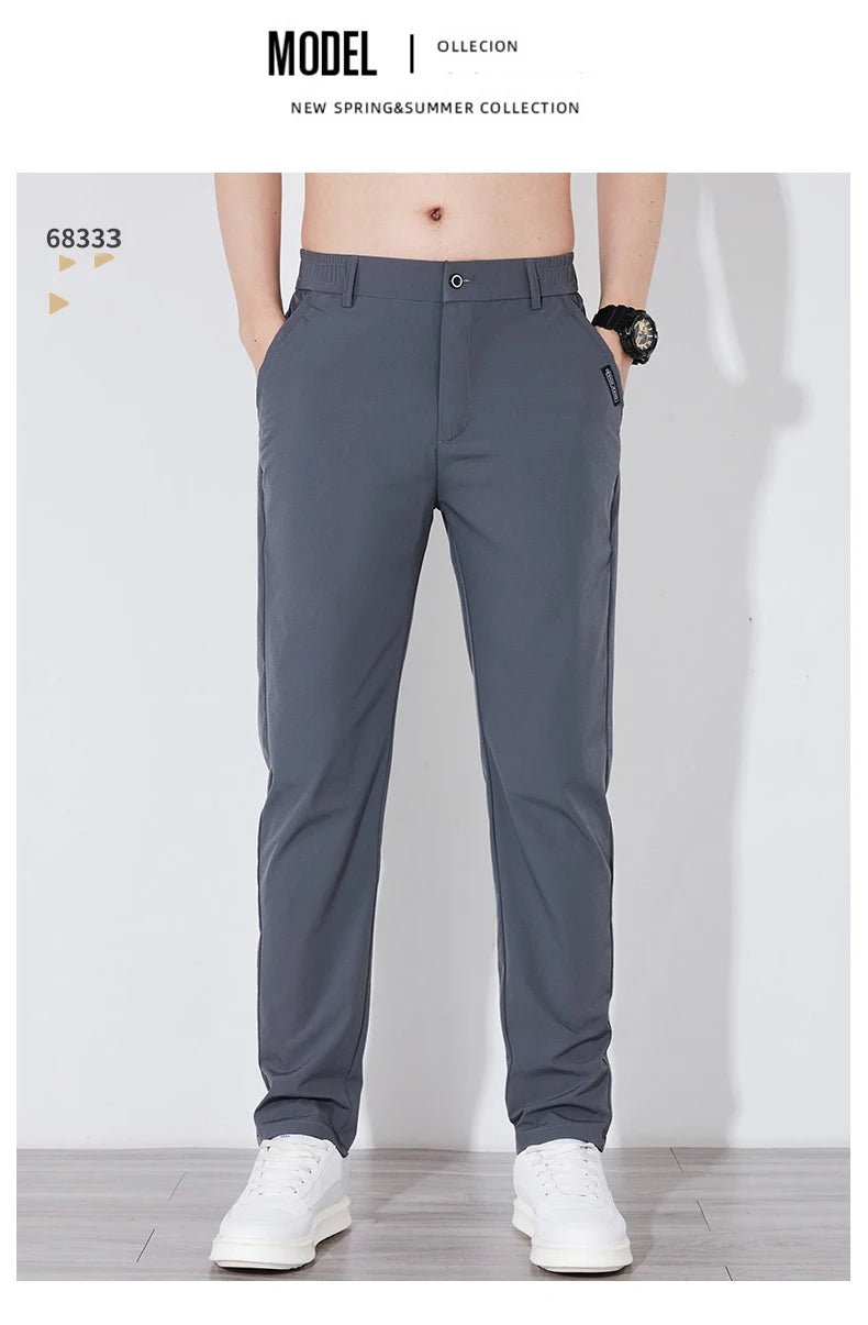 Men's Summer Silk-Feel Stretch Trousers – Lightweight Classic Business Casual Pants with Elastic Waist – Korean Style Smooth Suit Pants in Black or Gray
