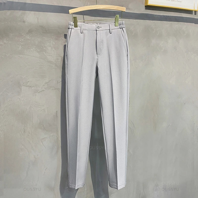 2025 Spring-Summer Men's Slim Fit Casual Business Jogger Pants with Elastic Waist, Available in Plus Sizes 40 and 42, Black