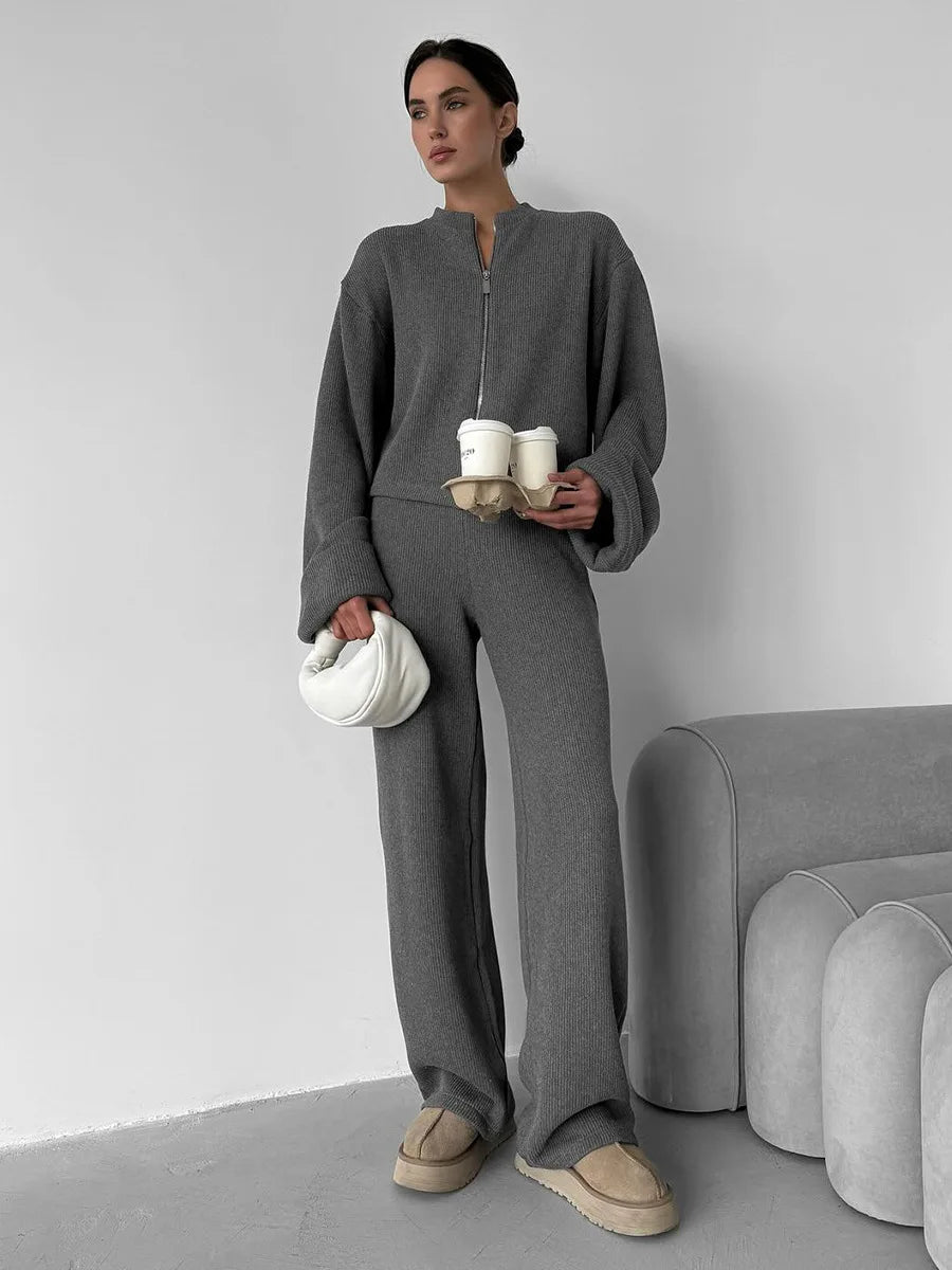 Tornova Women's Elegant Knit Two-Piece Set – Zipper Jacket & Wide-Leg Pants Casual Outfit
