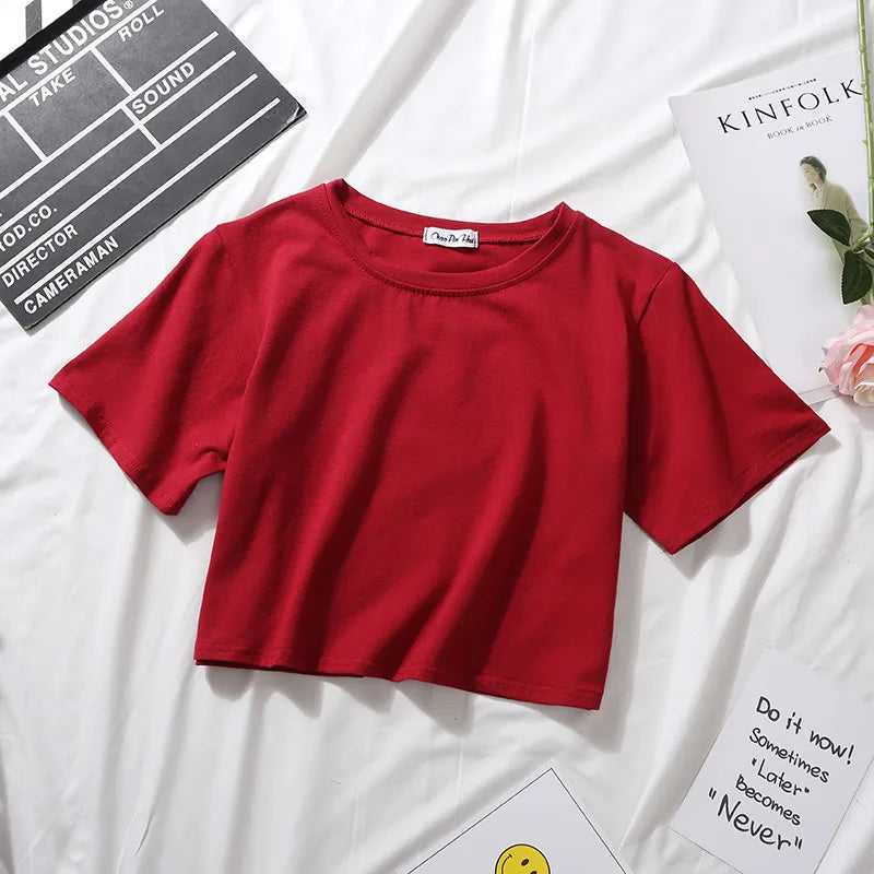 Women’s Summer Casual Cotton Short Sleeve Crop Top – Solid Color O-Neck Loose Fit T-ShirtT