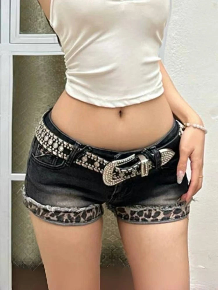 Women's Retro Leopard Print Denim Shorts – Washed Slim Fit Streetwear Y2K Style Summer 2025