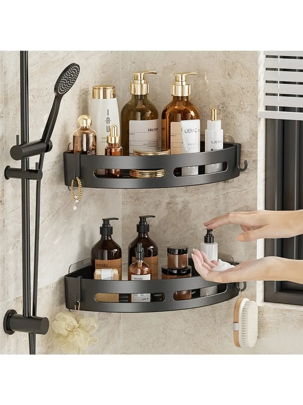 No-Drill Bathroom Organizer Shelves Kitchen Corner Rack for Shampoo, Makeup, Shower, and Towel Storage