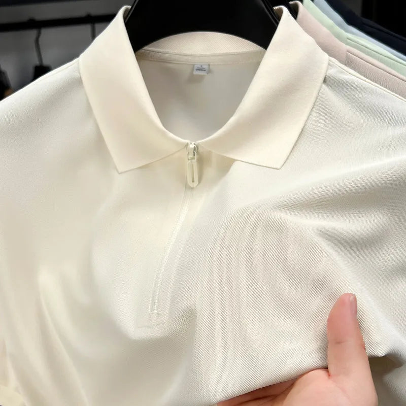 Men’s Slim Fit Half-Zip Polo Shirt – Light Beige Stretch Cotton Casual Top with Classic Collar