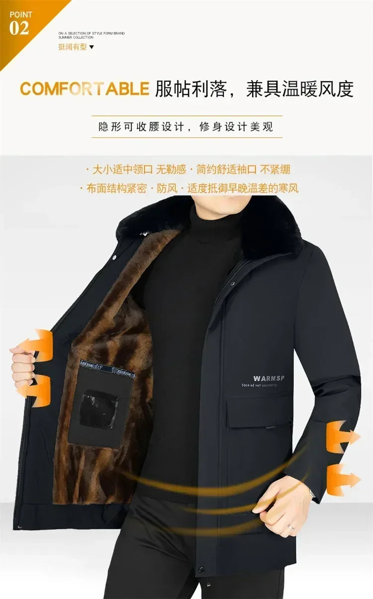 Men’s Solid Winter Parka with Fur Hood – Loose, Waterproof Fleece-Lined Vintage Streetwear Jacket