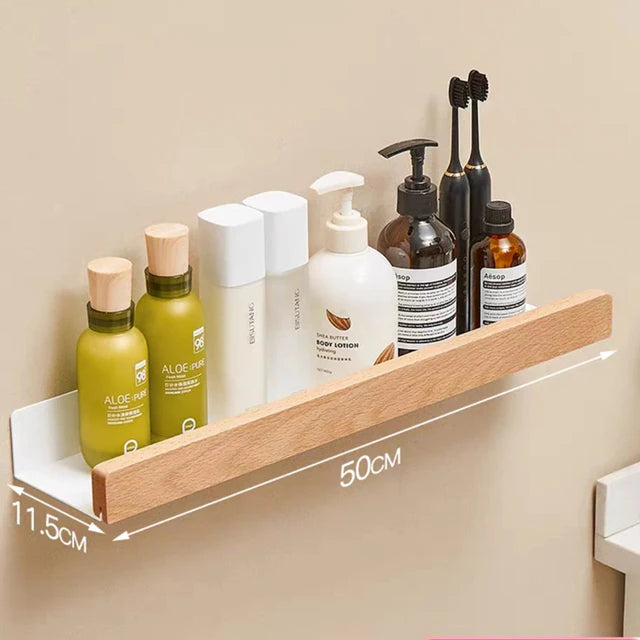 No-Drill Wall-Mounted Solid Wood Corner Bathroom Shelf — Shower Storage Rack and Toilet Shampoo Holder