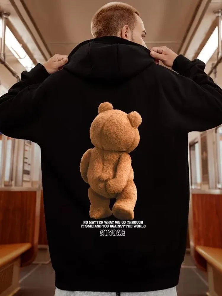 Men’s Autumn Kawaii Bear Graphic Pullover Hoodie – Hip Hop Streetwear with Pocket, Y2K Vintage Style
