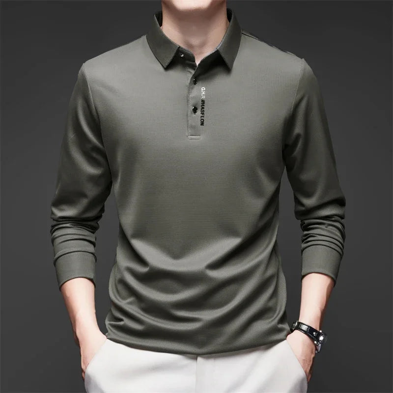 Men's Long Sleeve Polo Shirt – Solid Color, Business Casual, Stylish & Breathable Shirt with Badge Design