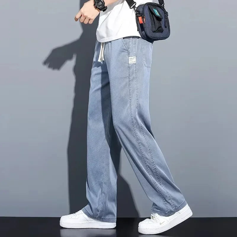 2025 Summer Men's Lightweight Lyocell Jeans – Loose Fit, Straight-Leg Casual Pants with Elastic Waist and Drawstring, Korean Style 