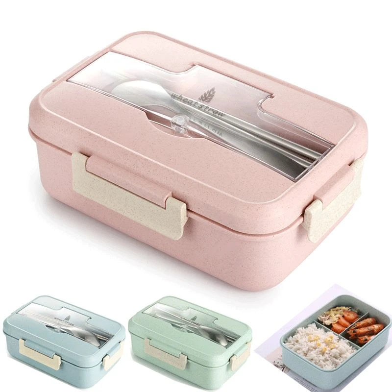 Microwaveable Bento Lunch Box with Spoon & Chopsticks – Wheat Straw Food Container for Kids, School & Office