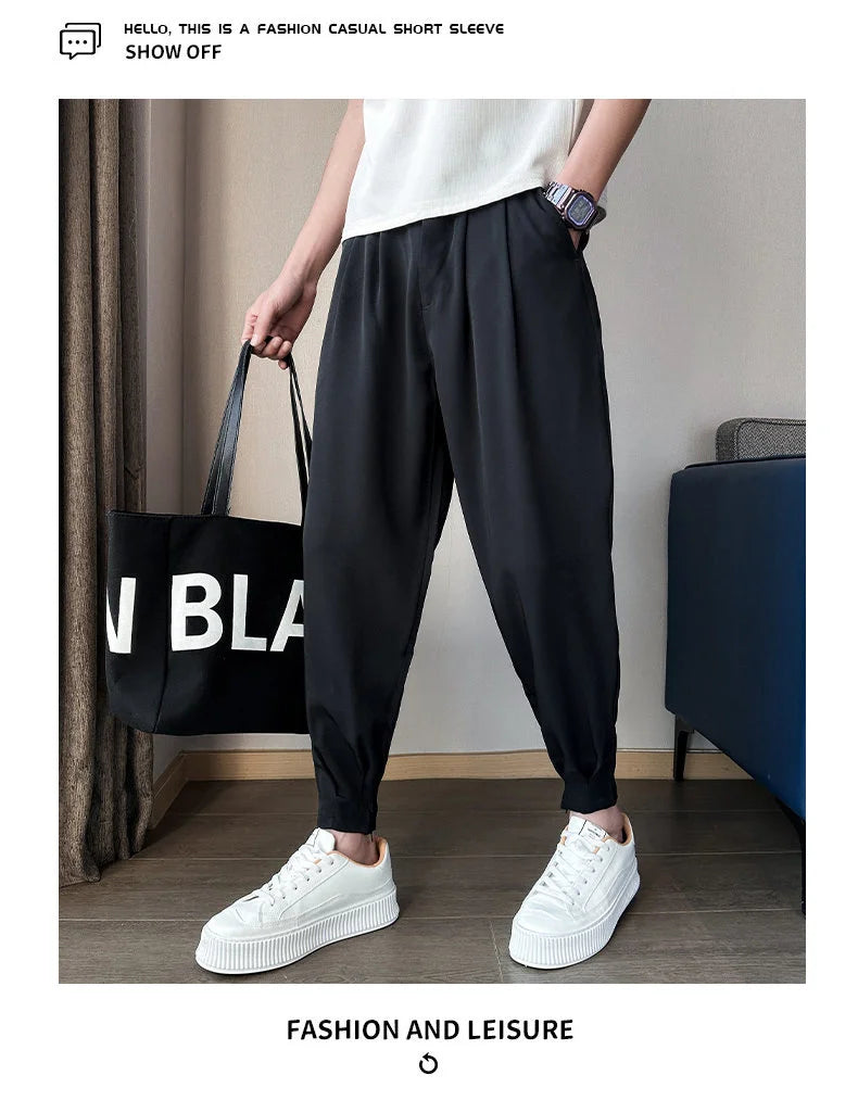 Men’s Spring & Summer Casual Solid Color Ice Silk Trousers — Korean Style Slim Ankle Pants with Zipper Detail, Smooth & Lightweight for a Handsome Look