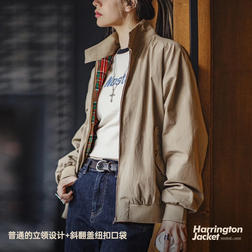 Maden Vintage Stand-Up Collar Jacket – Workwear Baseball Style Coat for Women & Unisex, Spring/Autumn