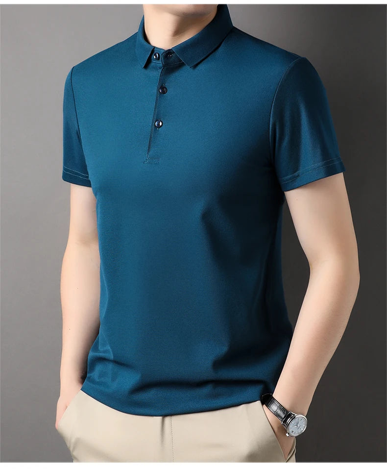 Premium Men's Polo Shirt – Luxury Summer Short Sleeve Casual Top Made with 4.7% Mulberry Silk – Plain Design, Elegant and Stylish 