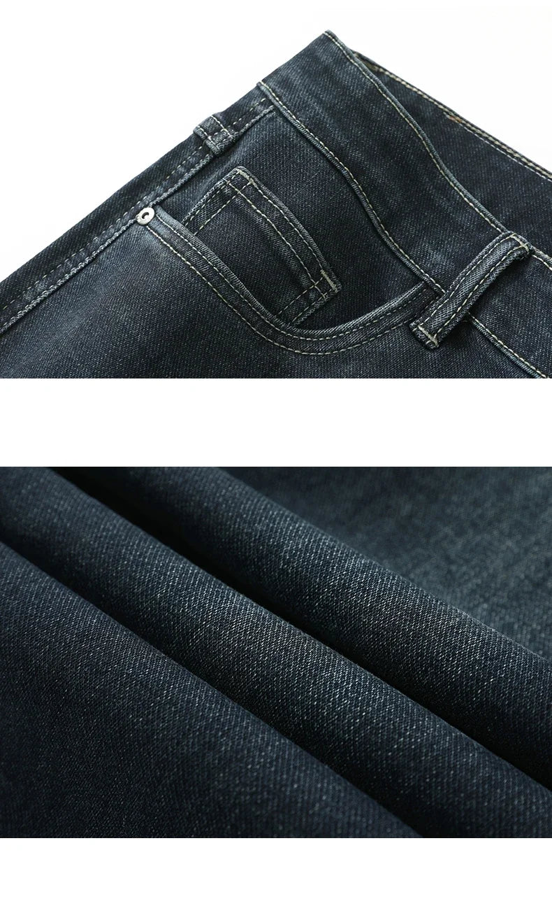 2025 Spring Men's High-Waist Spliced Washed Denim Jeans – Loose Straight Fit Stretch Cotton Blend Casual Brand Trousers 