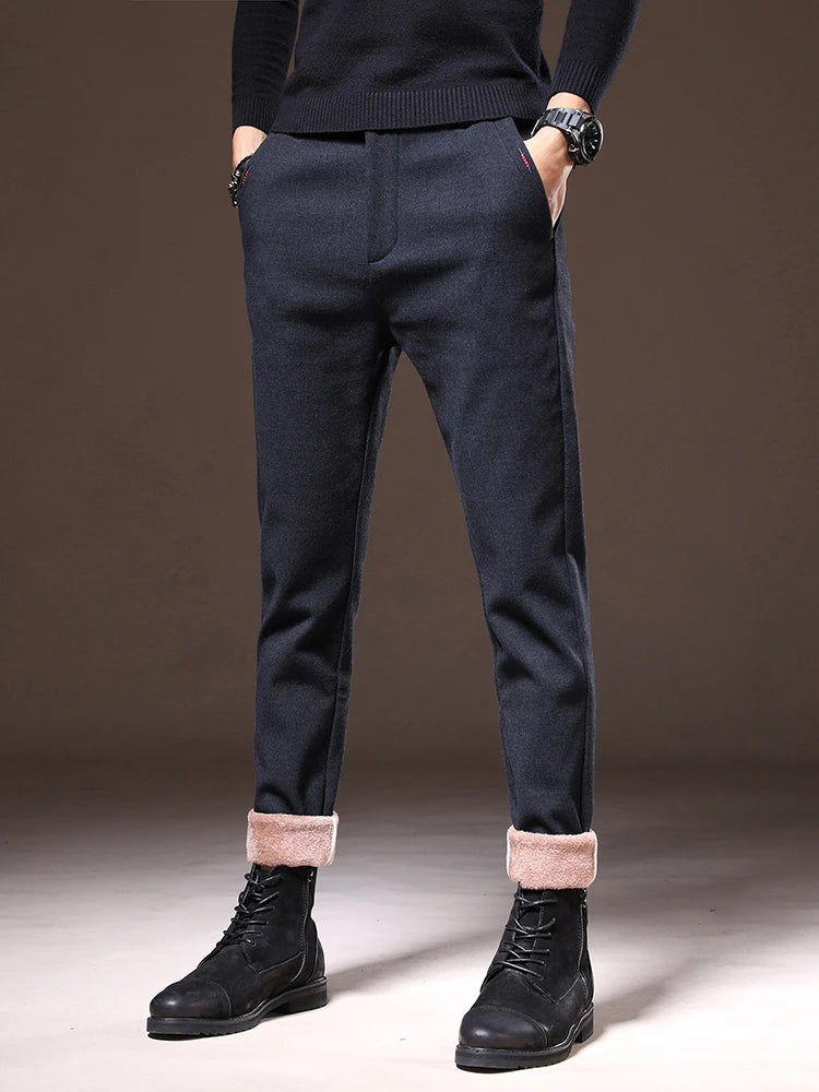 Men's Winter Fleece-Lined Slim Fit Pants – Thick Warm Straight-Leg Casual Business Trousers (Sizes 28-38)