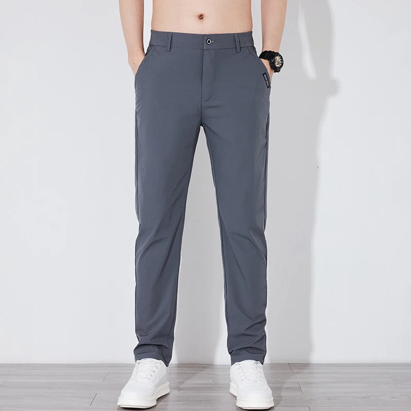 Men's Summer Silk-Feel Stretch Trousers – Lightweight Classic Business Casual Pants with Elastic Waist – Korean Style Smooth Suit Pants in Black or Gray