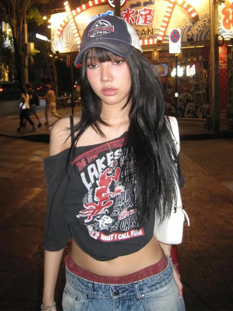 Y2K Gothic Off-Shoulder Crop Top – Women's Punk Style Letter Print T-Shirt, Harajuku Aesthetic Grunge Streetwear for Summer