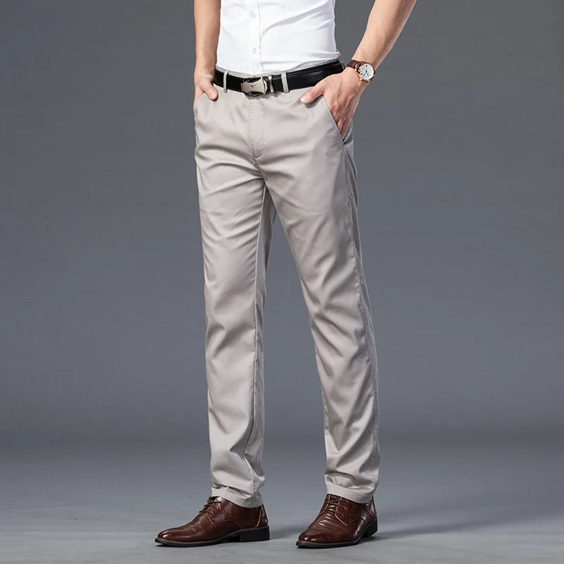 Men's Lightweight Summer Slim-Fit Suit Trousers – Business Casual Cotton Pants in Green, Black, and Khaki (Sizes 30–40)