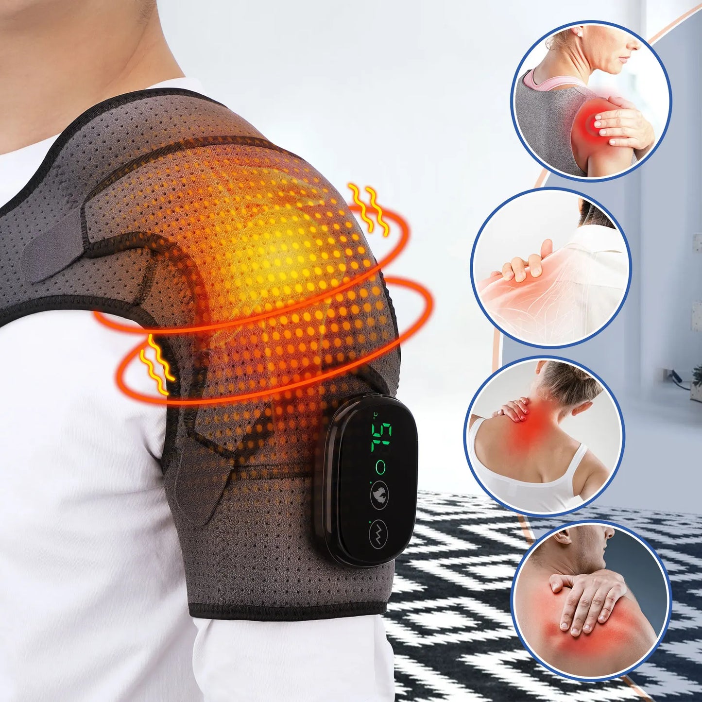 Rechargeable Electric Shoulder Massager with Heating & Vibration – Thermal Therapy Belt for Knee & Arthritis Pain Relief