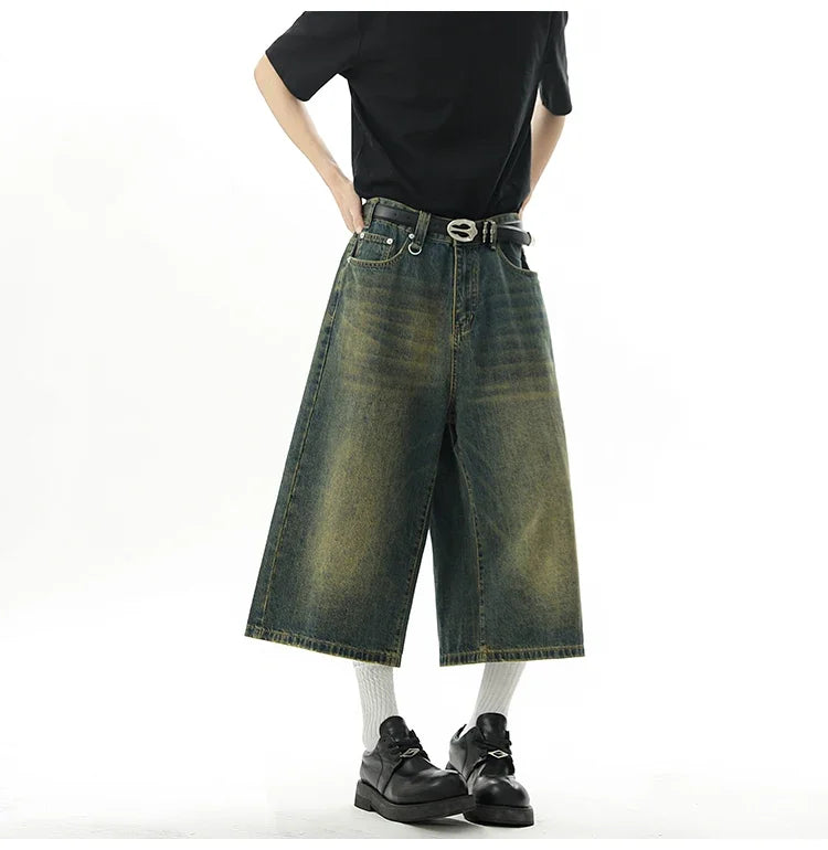 Men's Baggy Denim Shorts – Retro Y2K Casual Wide-Leg Calf-Length Jeans for Summer Streetwear