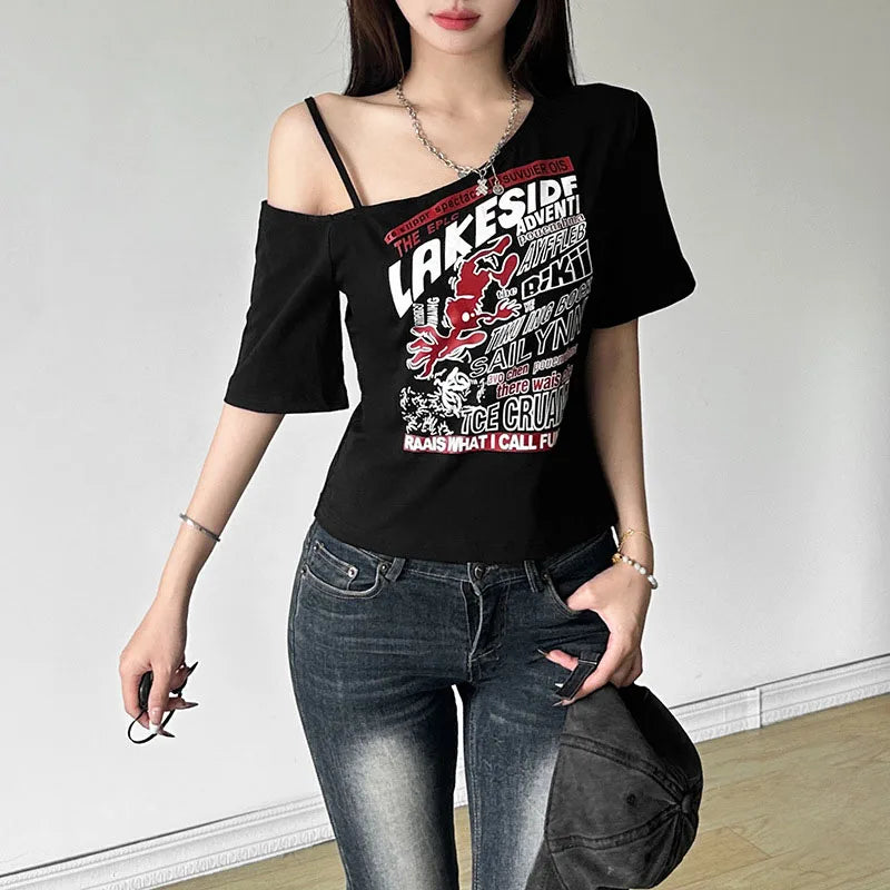 Y2K Off-Shoulder Gothic Crop Tee – Women's Letter Print Punk Streetwear Top, Grunge Aesthetic Harajuku Summer T-Shirt