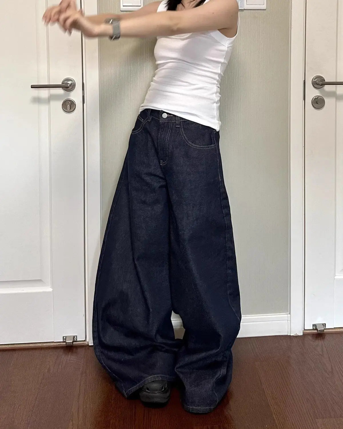 New Unisex Black Washed Wide-Leg Jeans – High Street Style Loose Straight Pants for Autumn and Winter