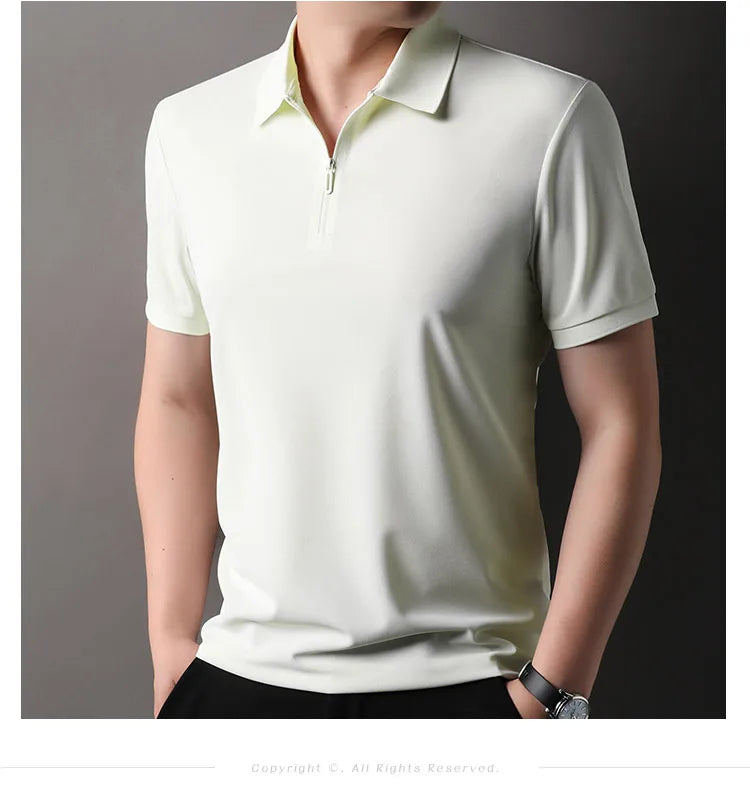 Men’s Slim Fit Half-Zip Polo Shirt – Light Beige Stretch Cotton Casual Top with Classic Collar