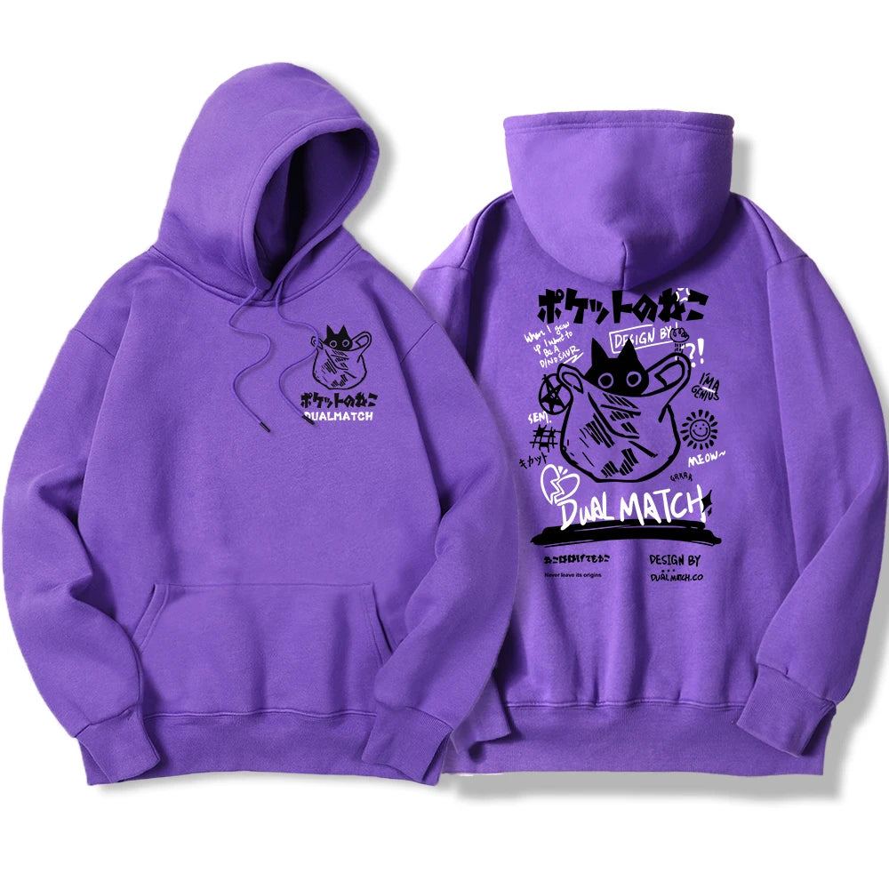 Y2K Harajuku Kawaii Cat Couple Print Hoodie – Unisex Oversized Fleece Pullover for Autumn, Warm Hip Hop Style Sweatshirt
