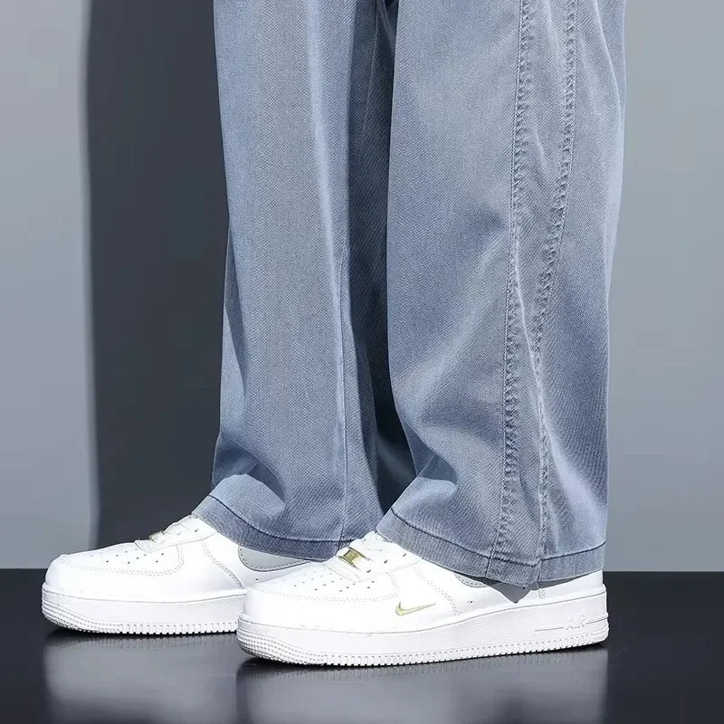 2025 Summer Men's Lightweight Lyocell Jeans – Loose Fit, Straight-Leg Casual Pants with Elastic Waist and Drawstring, Korean Style 