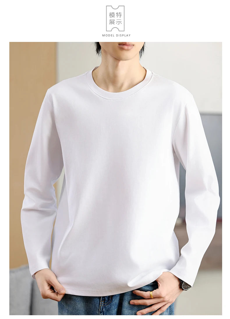 Men's Summer Long Sleeve T-shirt – Solid Color, Round Neck, Casual Style, Made from Mercerized Cotton